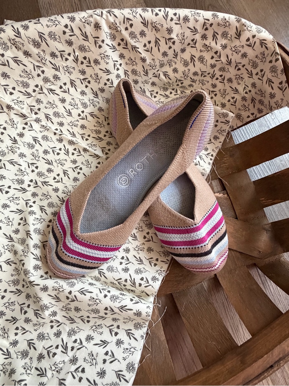 Rothy's Tan Flats with Pink and Black Stripes